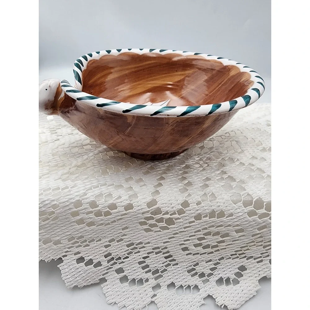 Vintage Maiolica Hand Painted Italy Ceramic Snail Bowl Brown Green Leaf  6‎ Inch